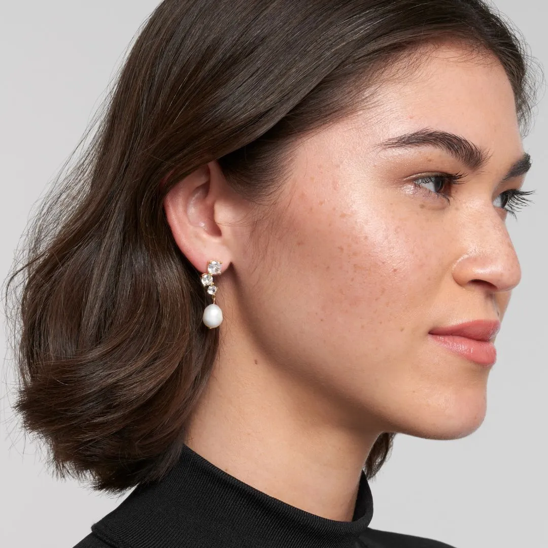 14k Gold Plated Deco Crystal and Freshwater Pearl Drop Earrings