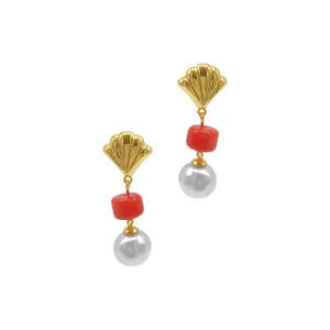 14k Gold Plated Pearl and Shell Drop Drop Earrings