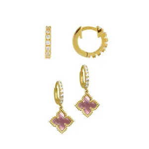14k Gold Plated Pink Mother of Pearl Huggie Set