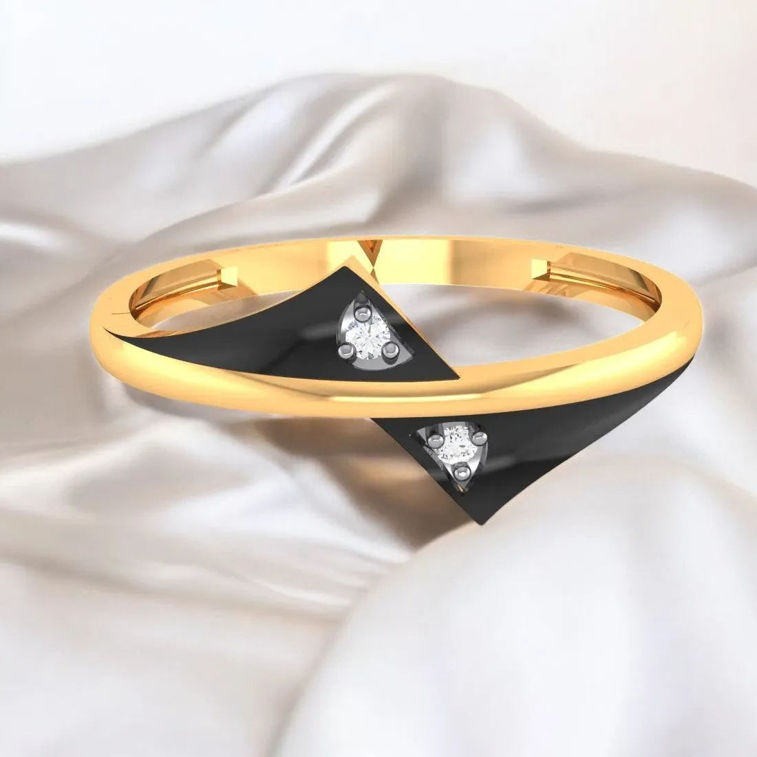 14K Gold Ring Curved Lines Design With Black Inlay And Embedded Stone Detailing (Size 12)