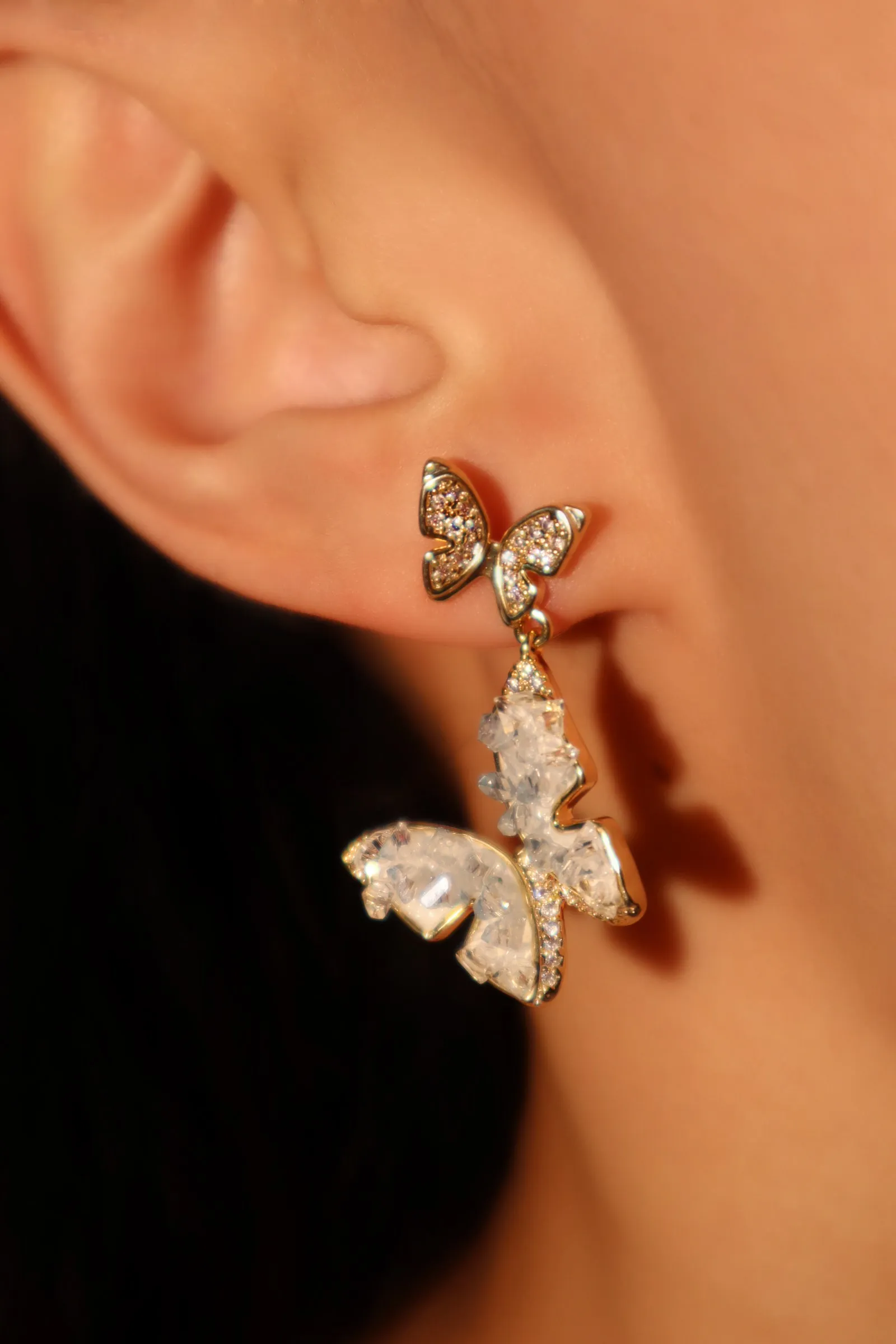 14K Real Gold Plated Blue Crystal Butterfly Earrings