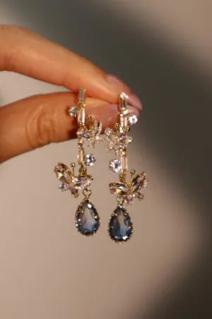 14K Real Gold Plated Diamond Butterfly Blue Drop Earrings