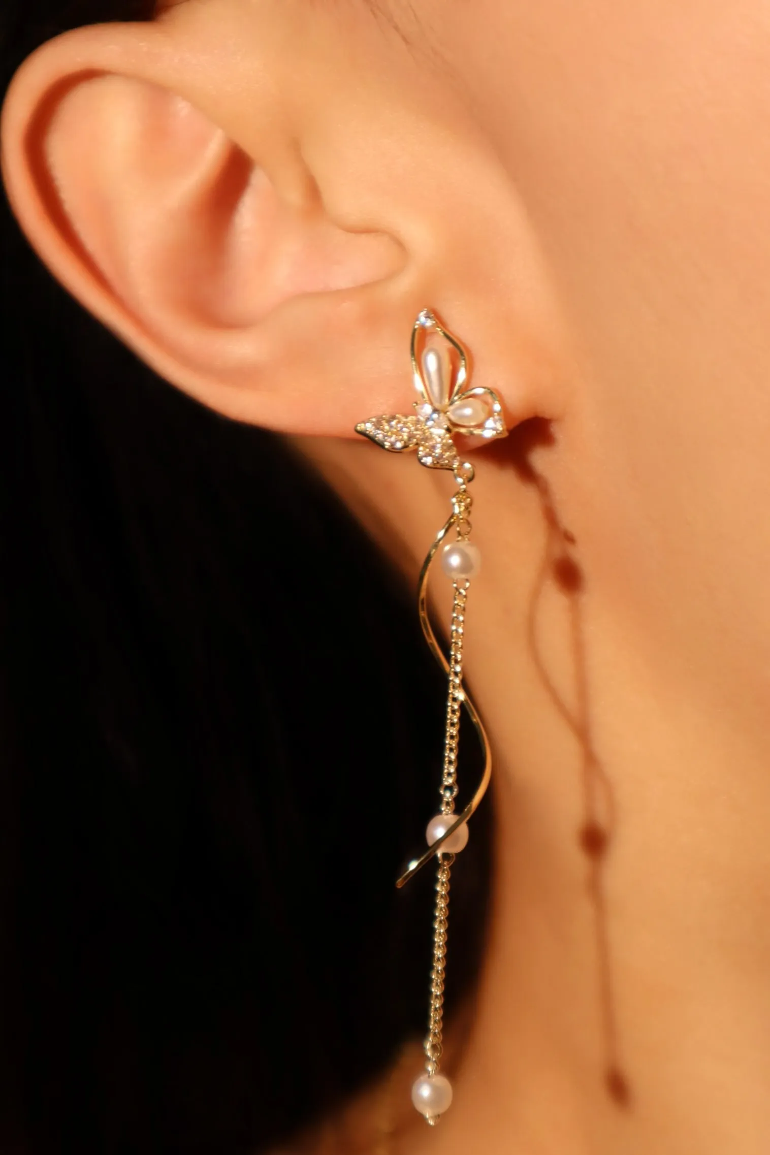 14K Real Gold Plated Diamond Butterfly Pearls Dangle Earrings