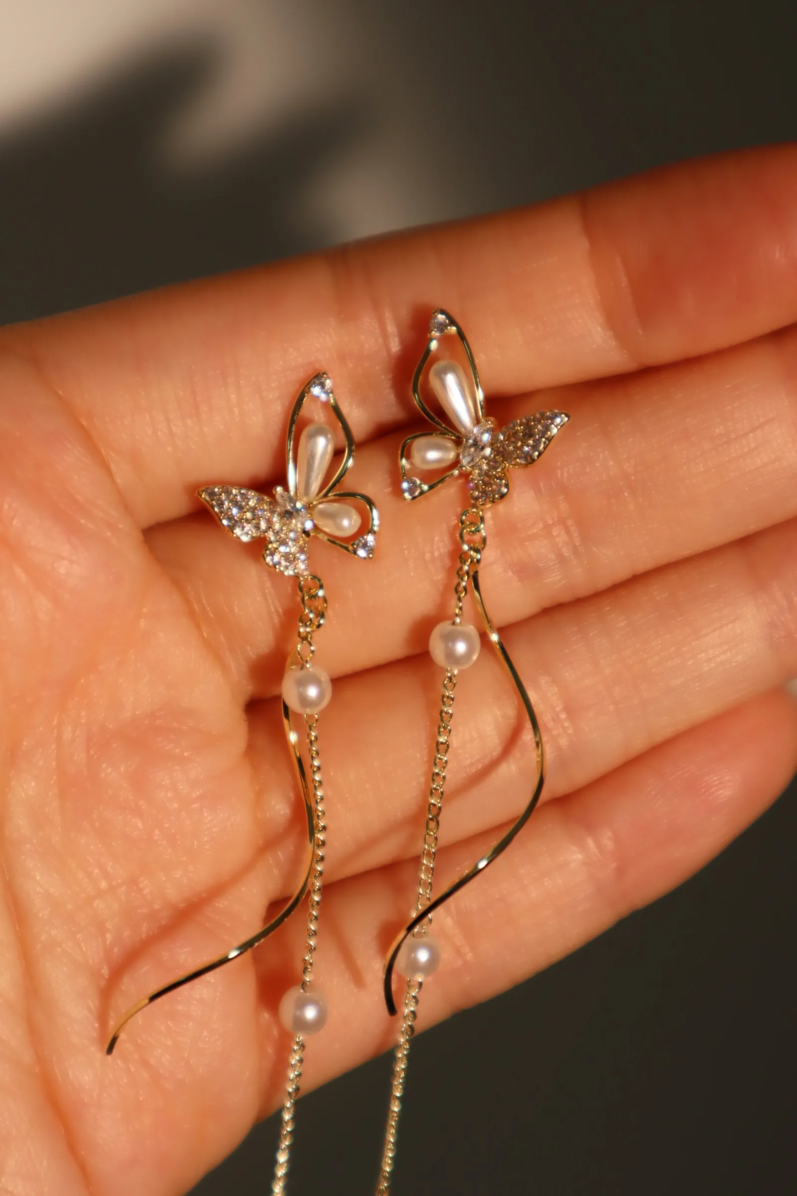 14K Real Gold Plated Diamond Butterfly Pearls Dangle Earrings