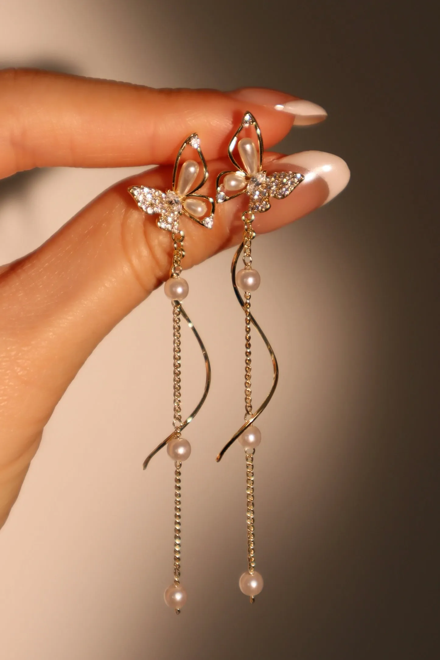 14K Real Gold Plated Diamond Butterfly Pearls Dangle Earrings