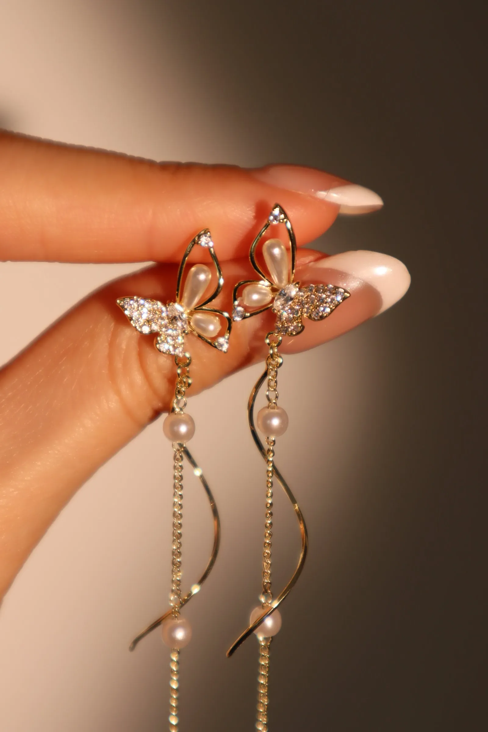 14K Real Gold Plated Diamond Butterfly Pearls Dangle Earrings