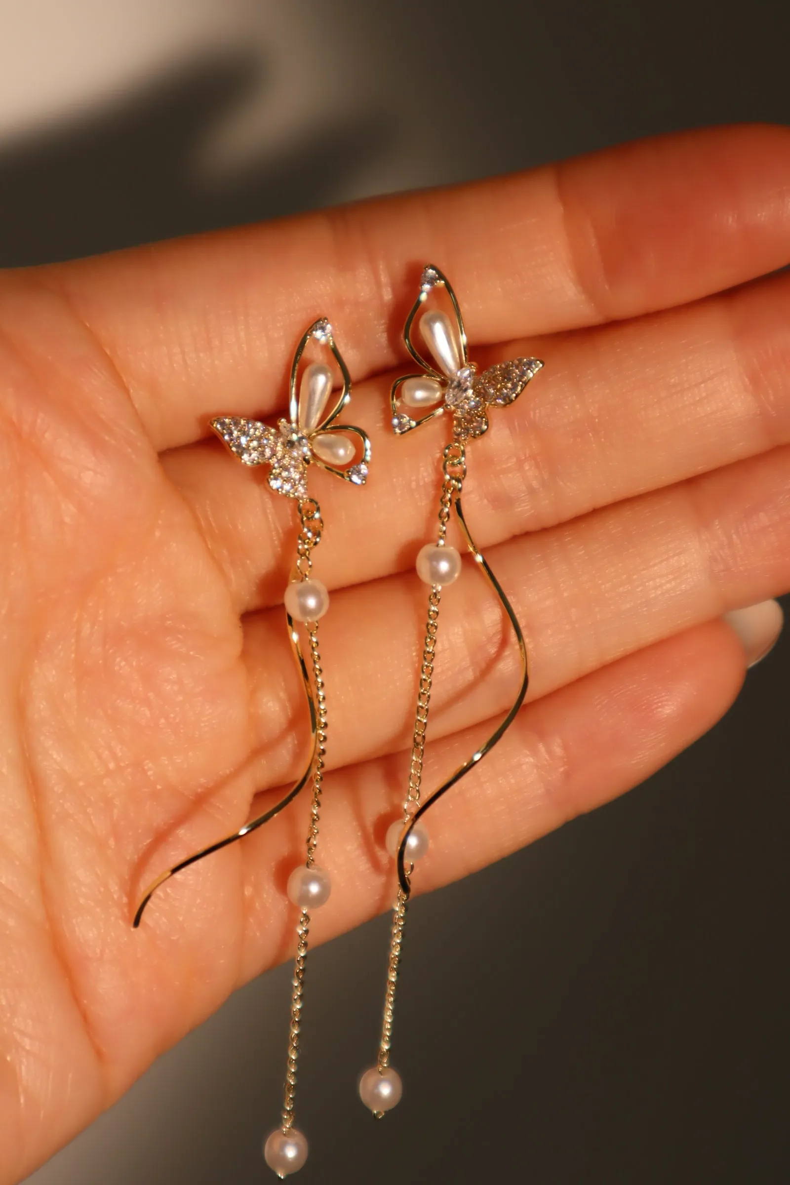 14K Real Gold Plated Diamond Butterfly Pearls Dangle Earrings