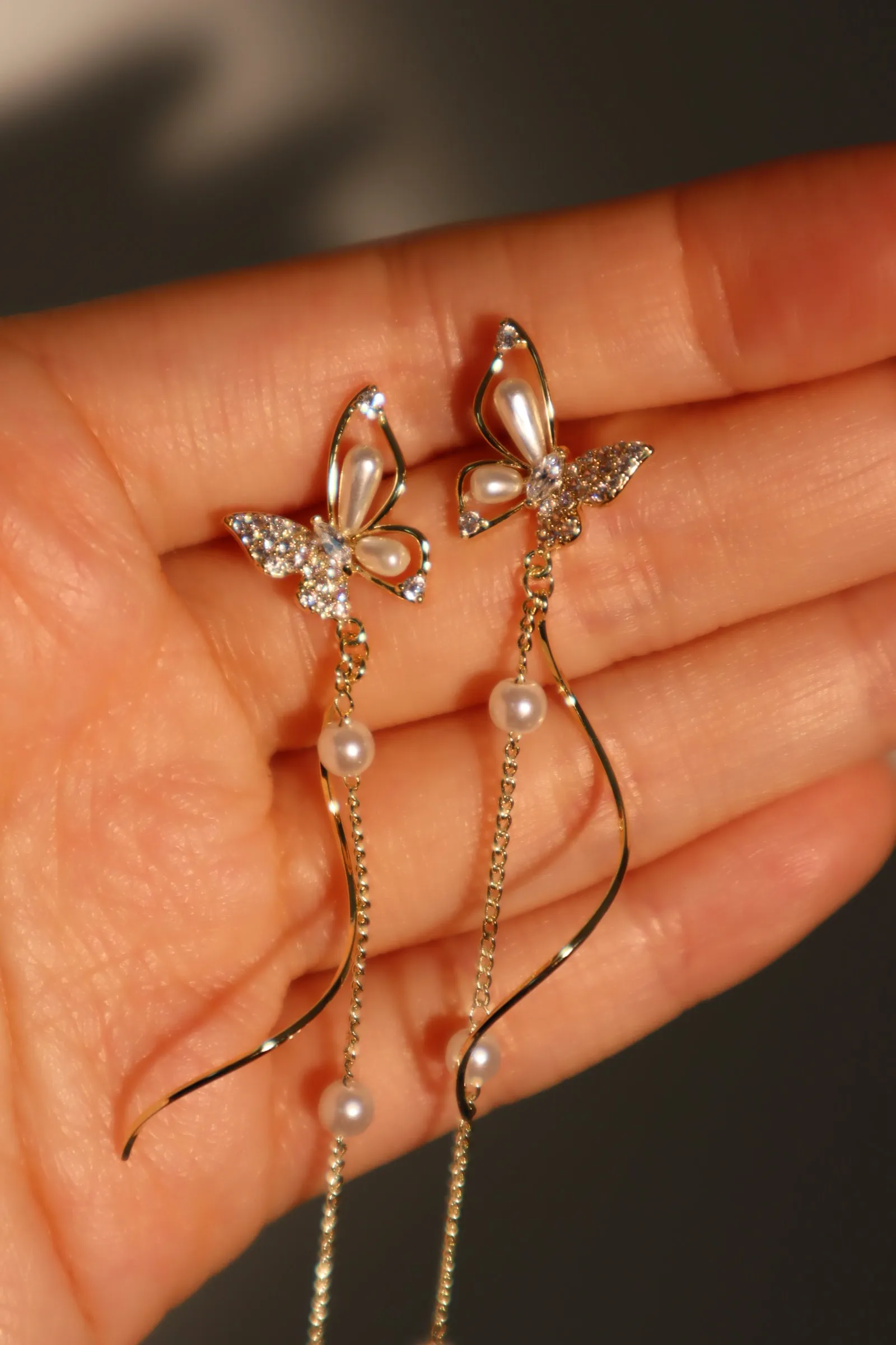 14K Real Gold Plated Diamond Butterfly Pearls Dangle Earrings