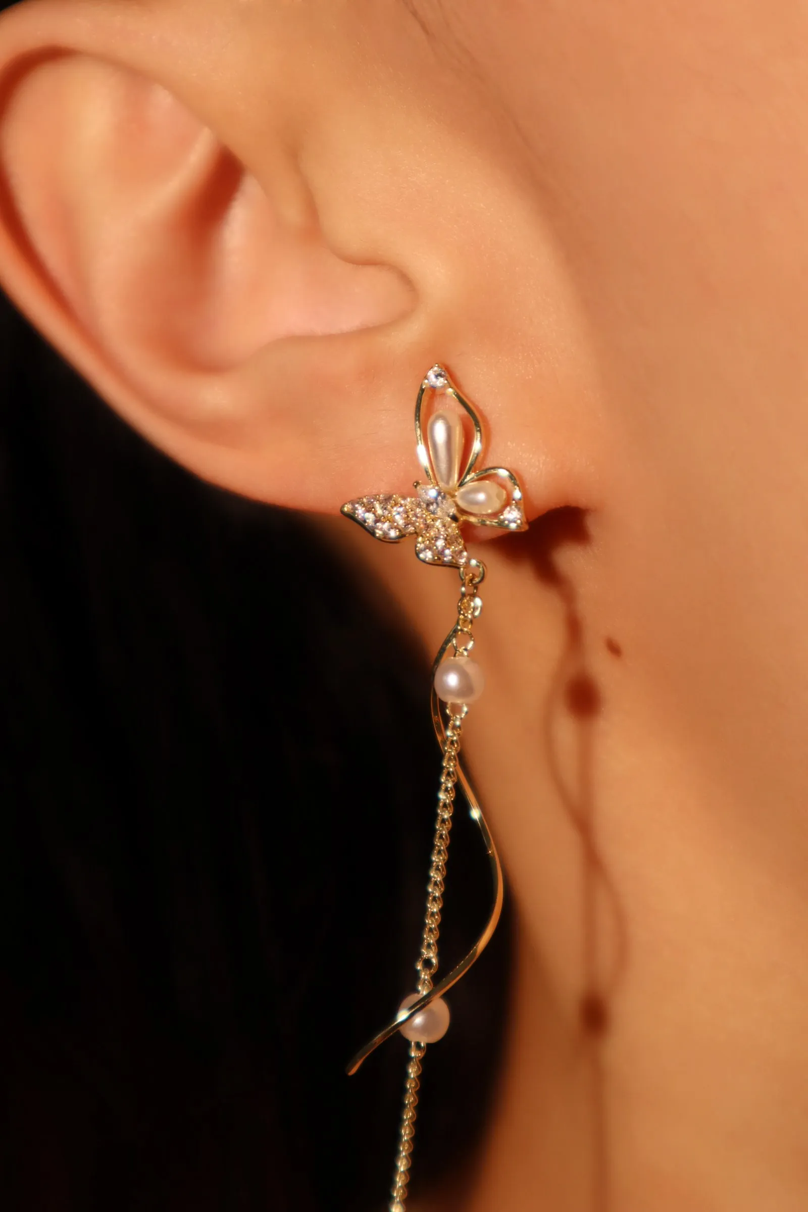 14K Real Gold Plated Diamond Butterfly Pearls Dangle Earrings