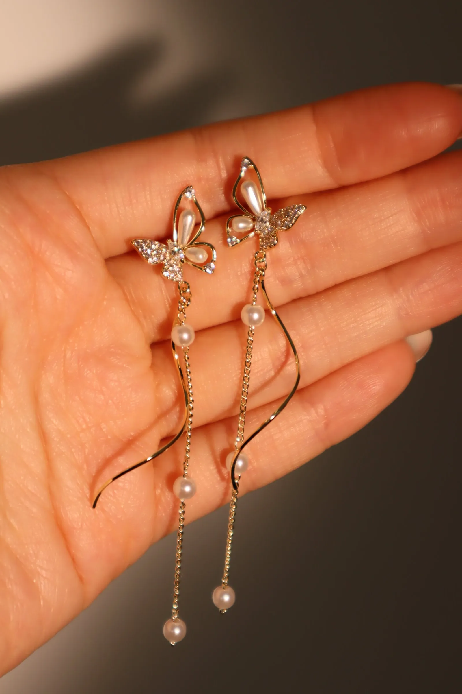 14K Real Gold Plated Diamond Butterfly Pearls Dangle Earrings