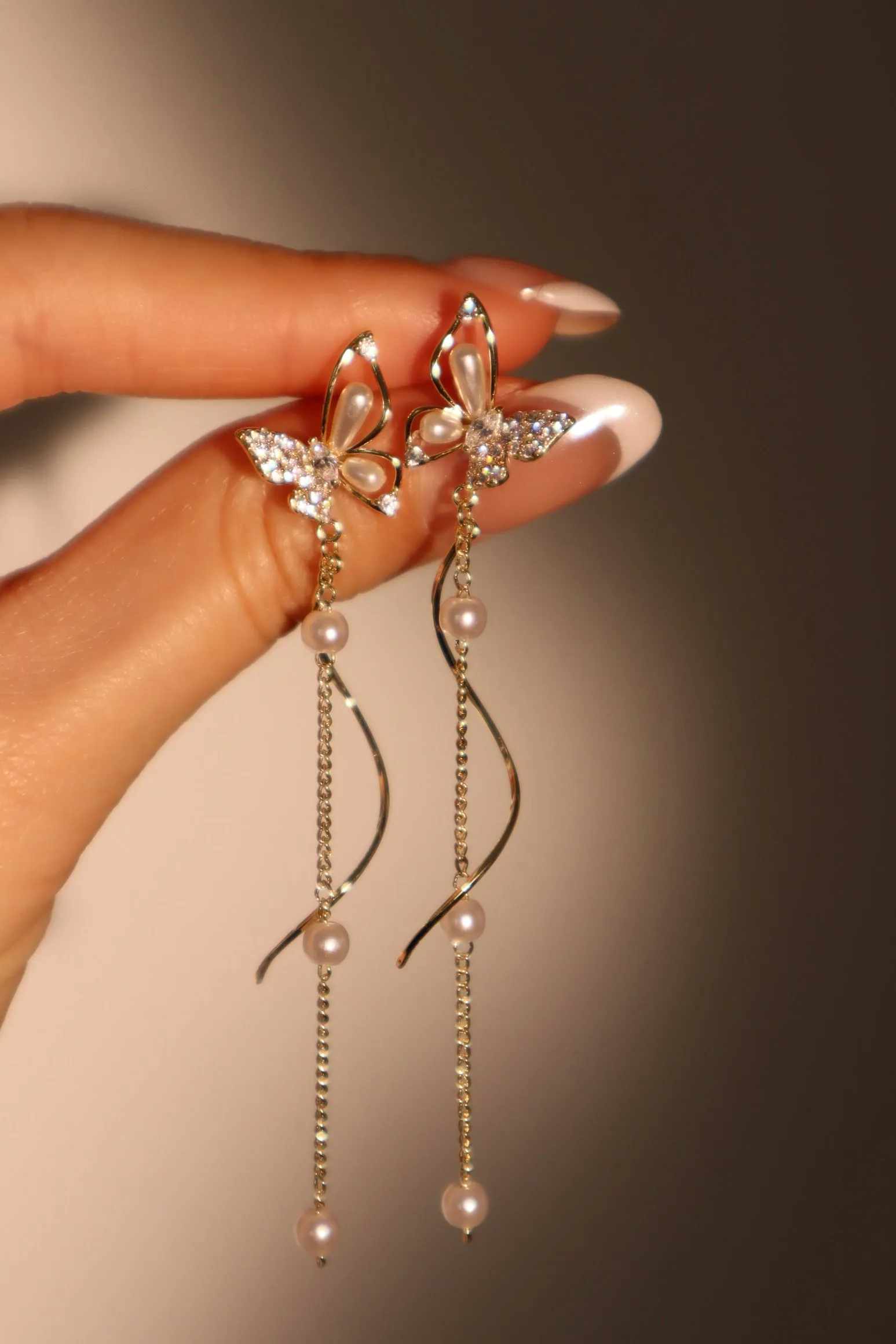 14K Real Gold Plated Diamond Butterfly Pearls Dangle Earrings