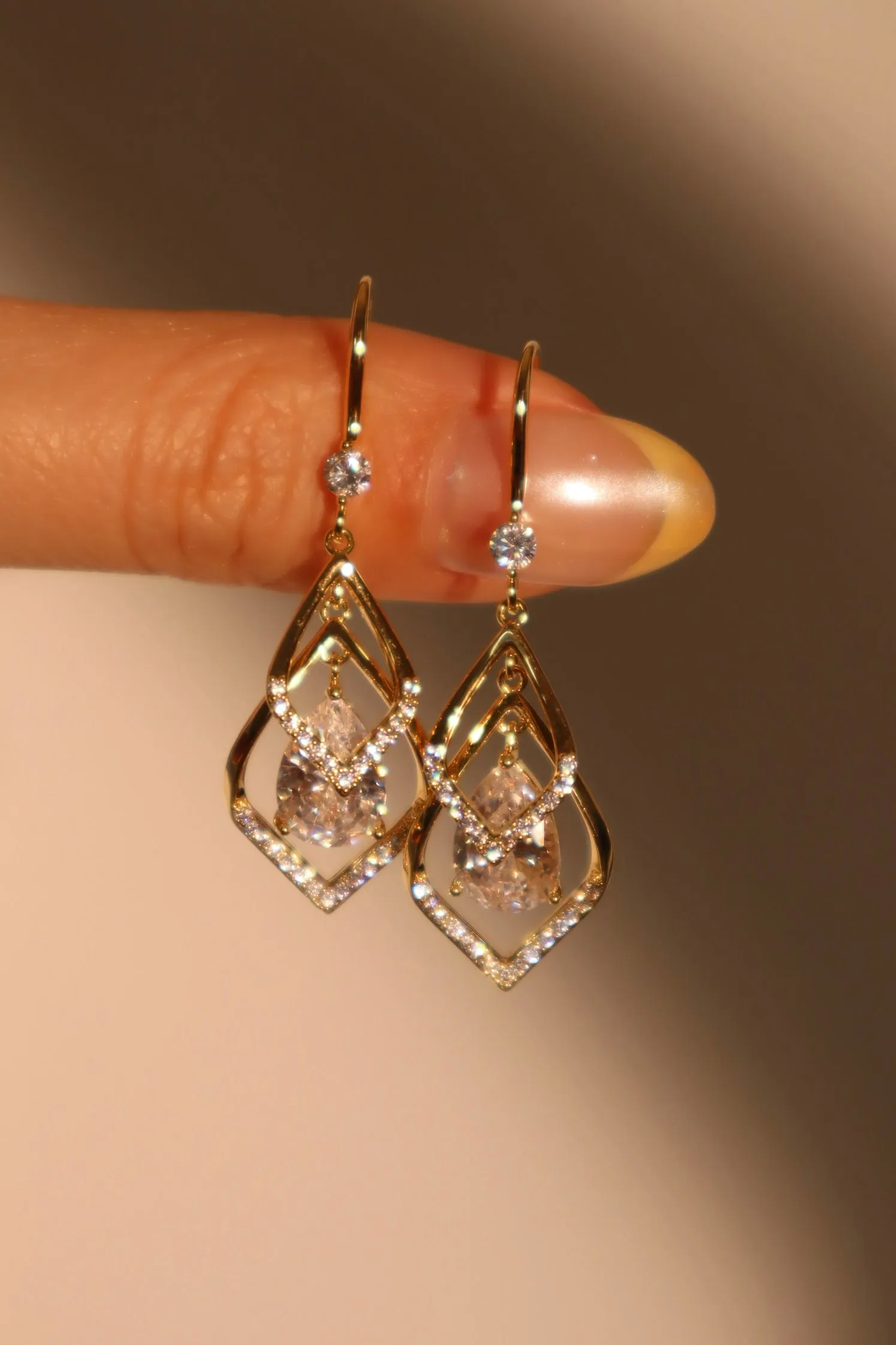 14K Real Gold Plated Diamond Droplet Earrings