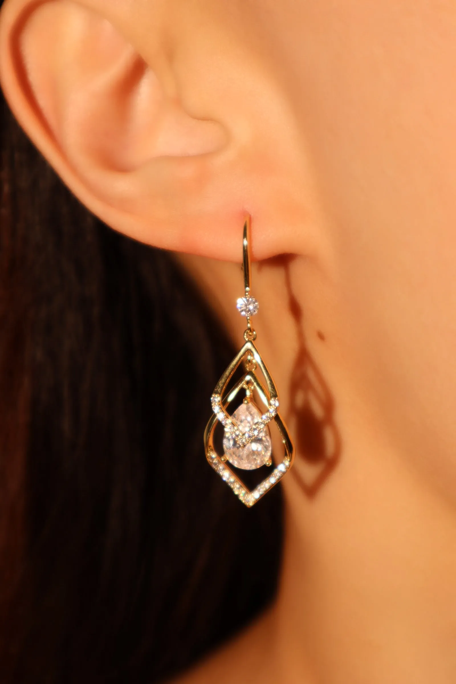 14K Real Gold Plated Diamond Droplet Earrings