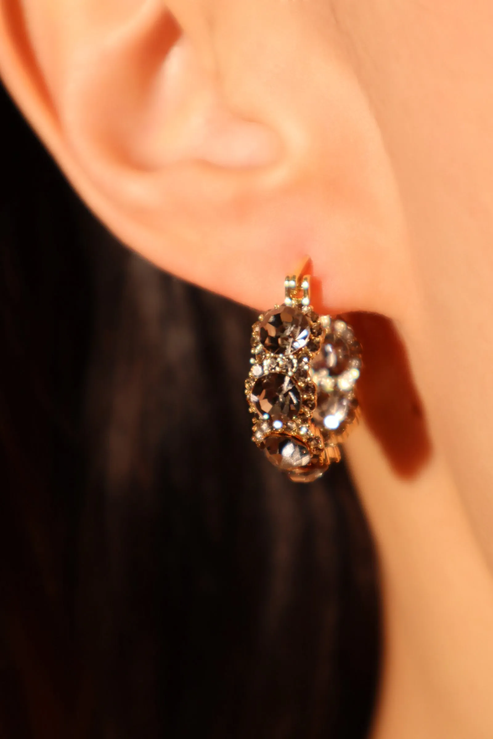 14K Real Gold Plated Gray Gem Hoop Earrings