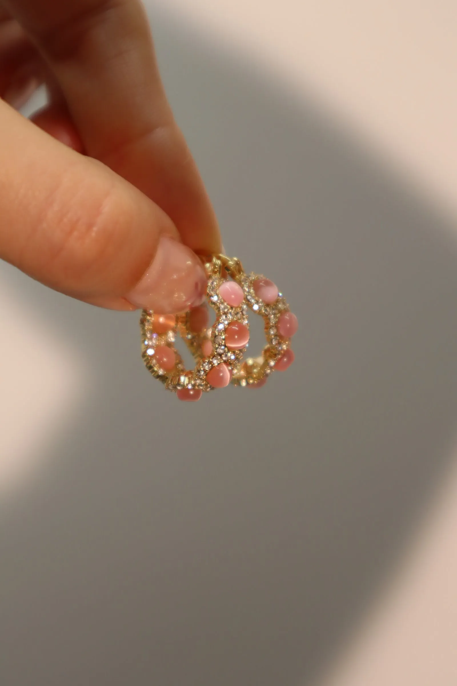 14K Real Gold Plated Pink Gem Hoop Earrings