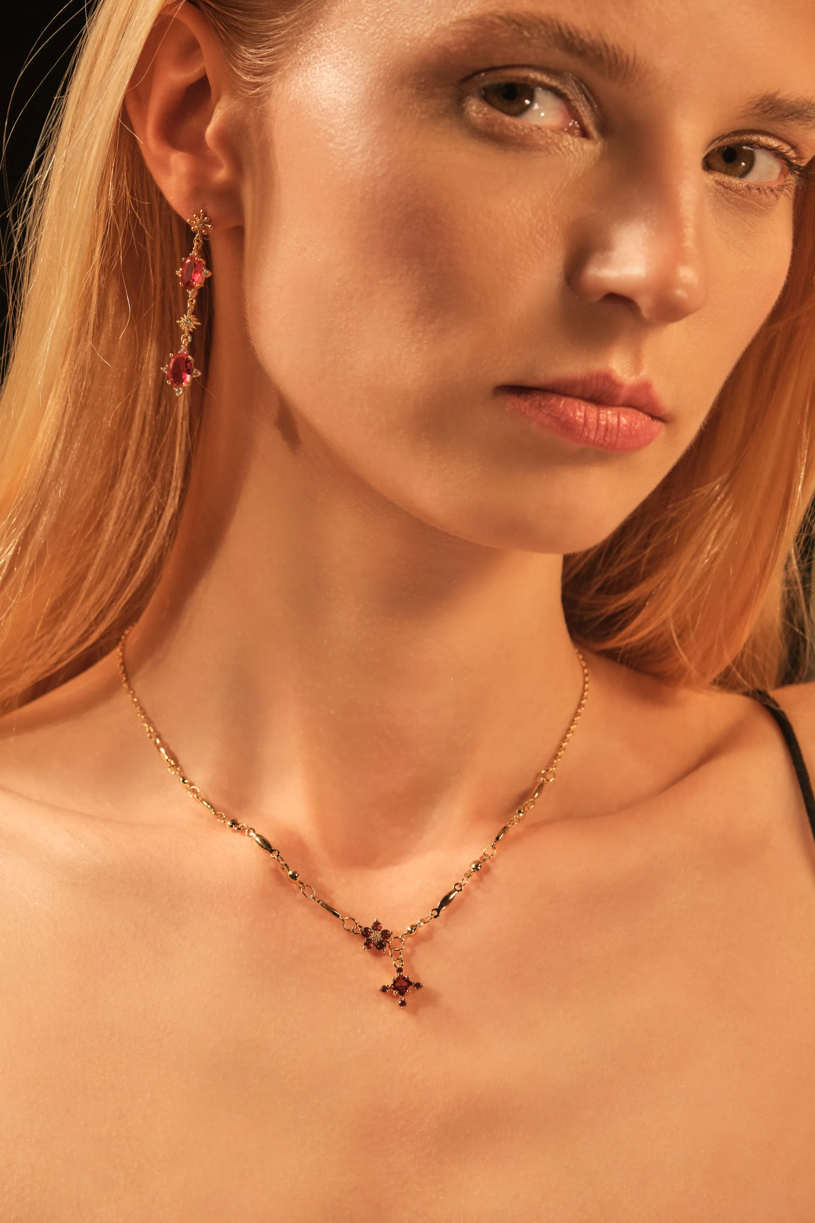 14K Real Gold Plated Red Gem Pole Star Earrings