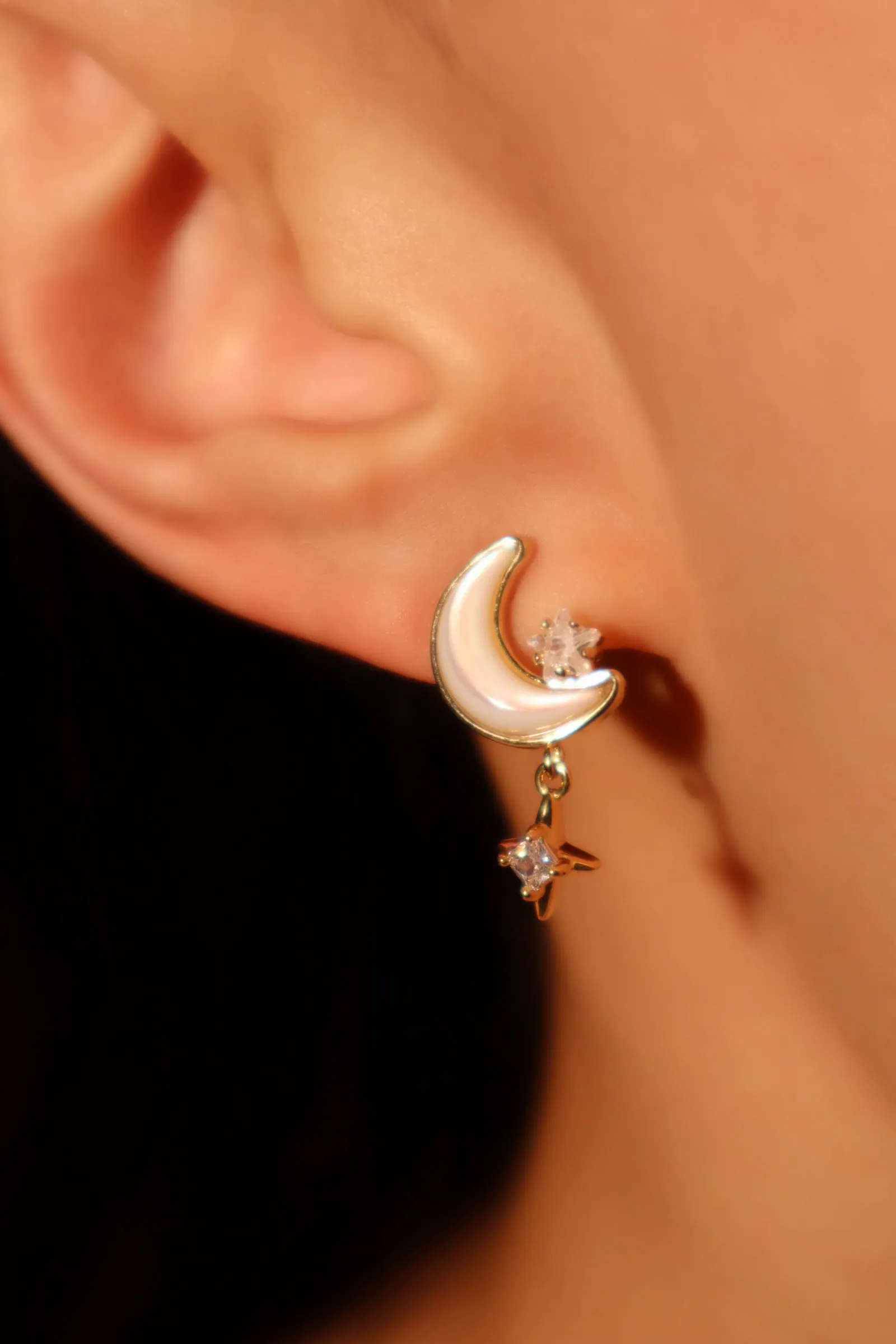 14K Real Gold Plated Shell Moon Star Earrings