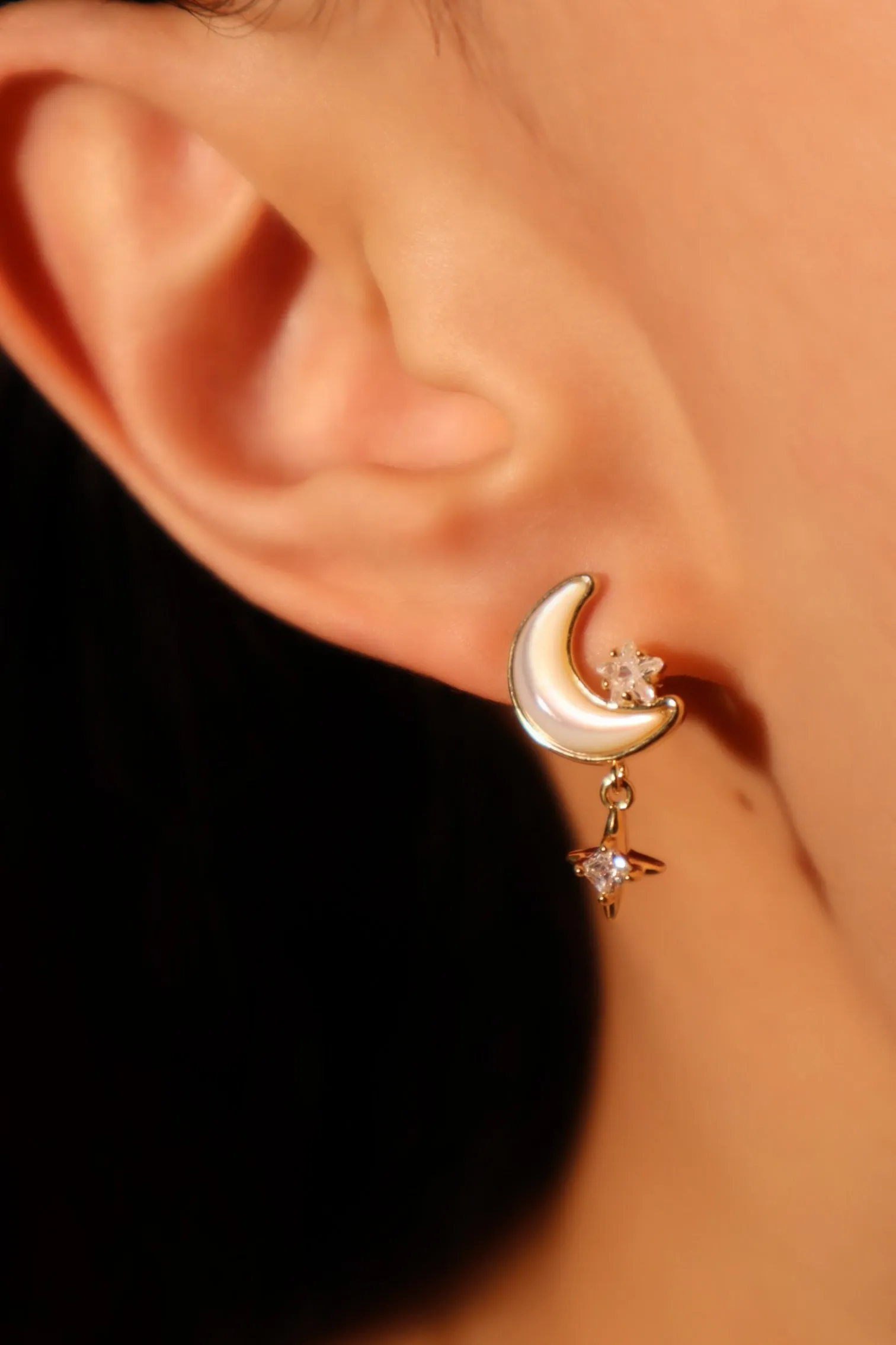 14K Real Gold Plated Shell Moon Star Earrings