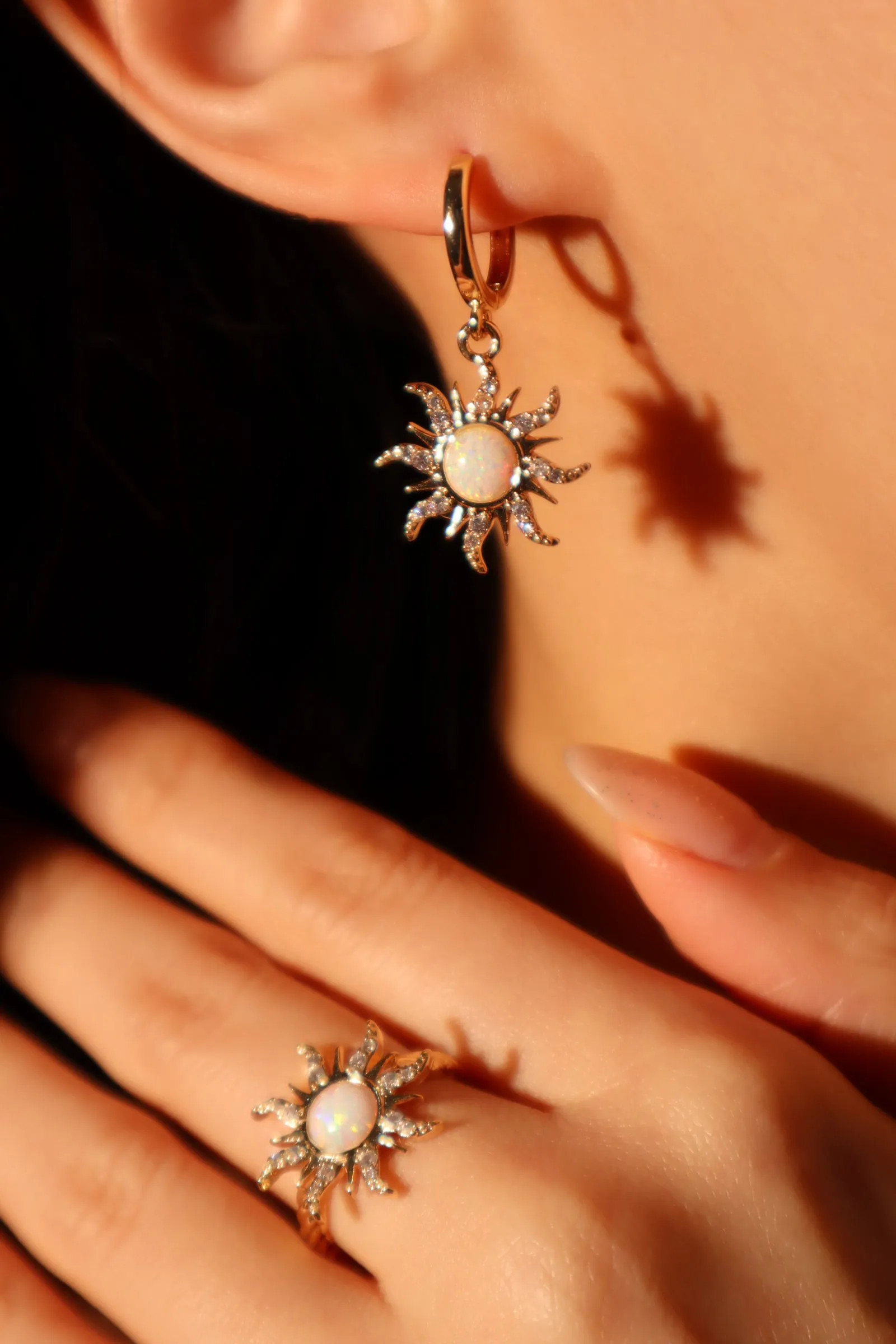 14K Real Gold Plated White Opal Sun Earrings