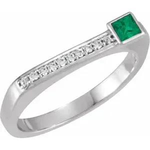 14K White Gold Natural Emerald and Diamond Stackable Ring