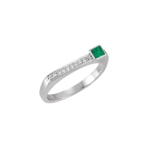 14K White Gold Natural Emerald and Diamond Stackable Ring