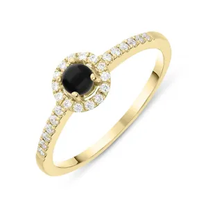 18ct Yellow Gold Whitby Jet 0.14ct Diamond Claw Set Round Centre Ring