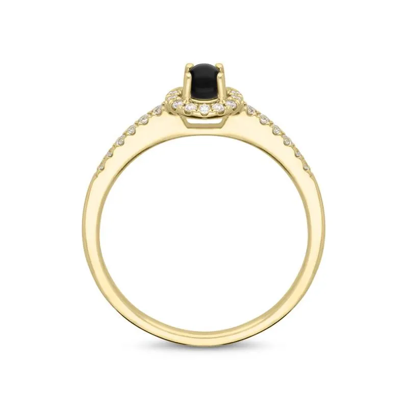 18ct Yellow Gold Whitby Jet 0.14ct Diamond Claw Set Round Centre Ring