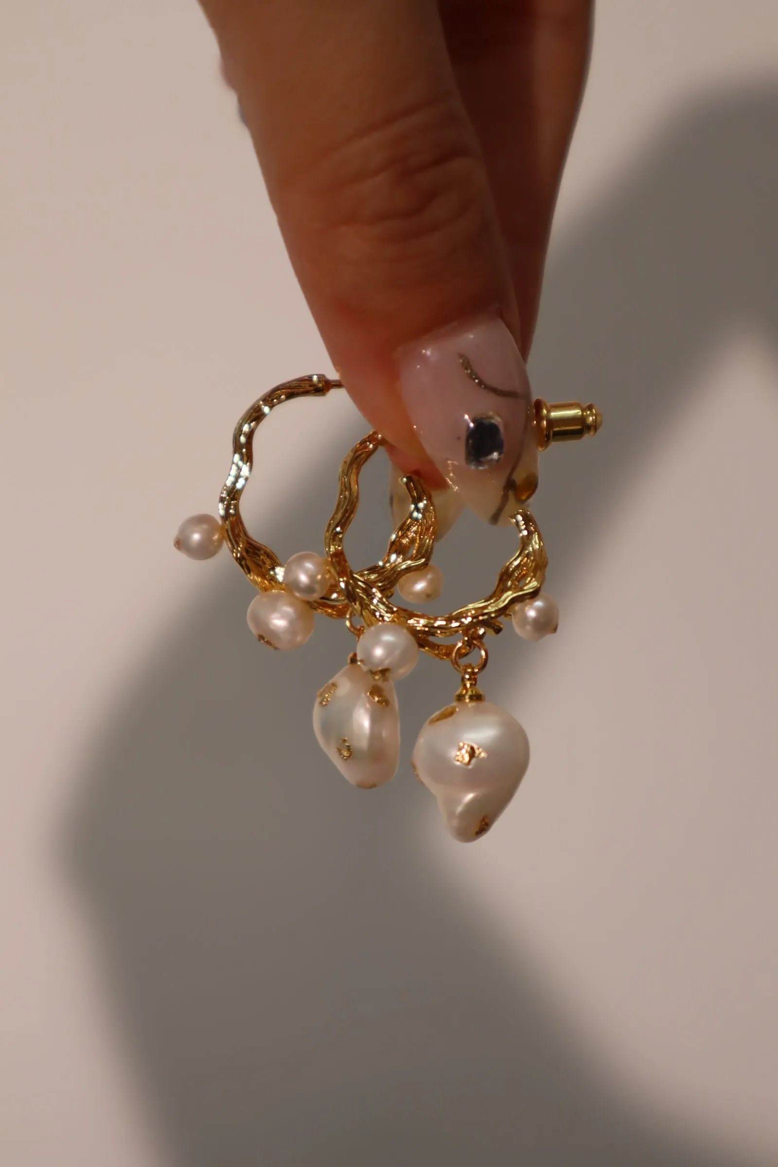 18K Real Gold Foil Pearl Hoop Earrings