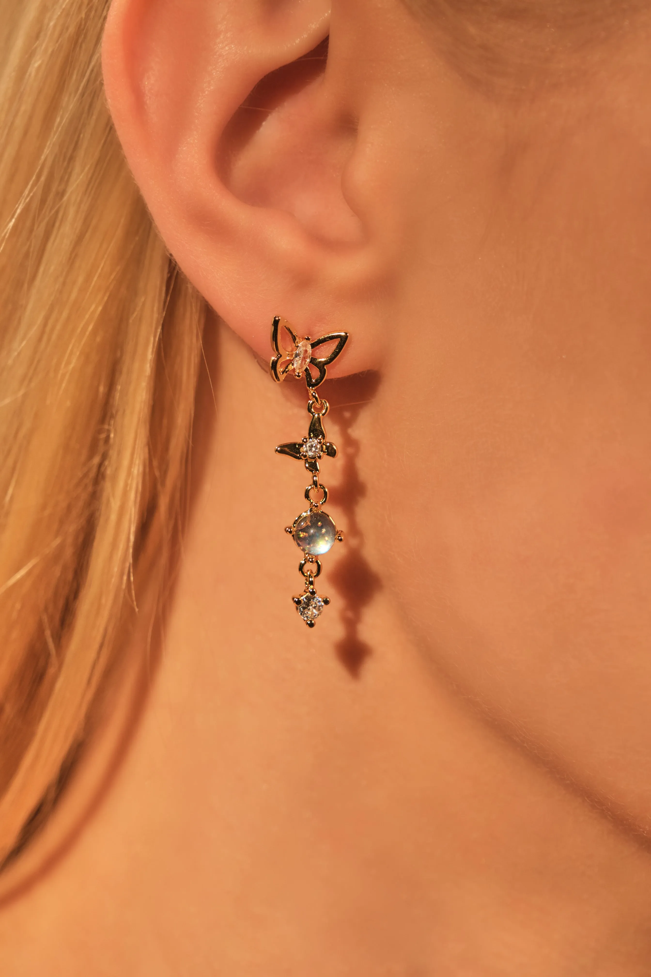 18K Real Gold Plated Butterfly Moonstone Dangle Earrings