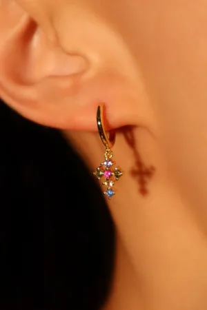 18K Real Gold Plated Color Gem Cross Earrings