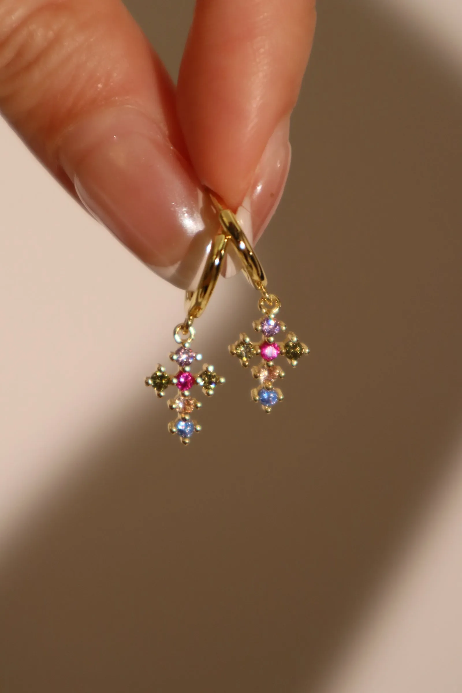 18K Real Gold Plated Color Gem Cross Earrings