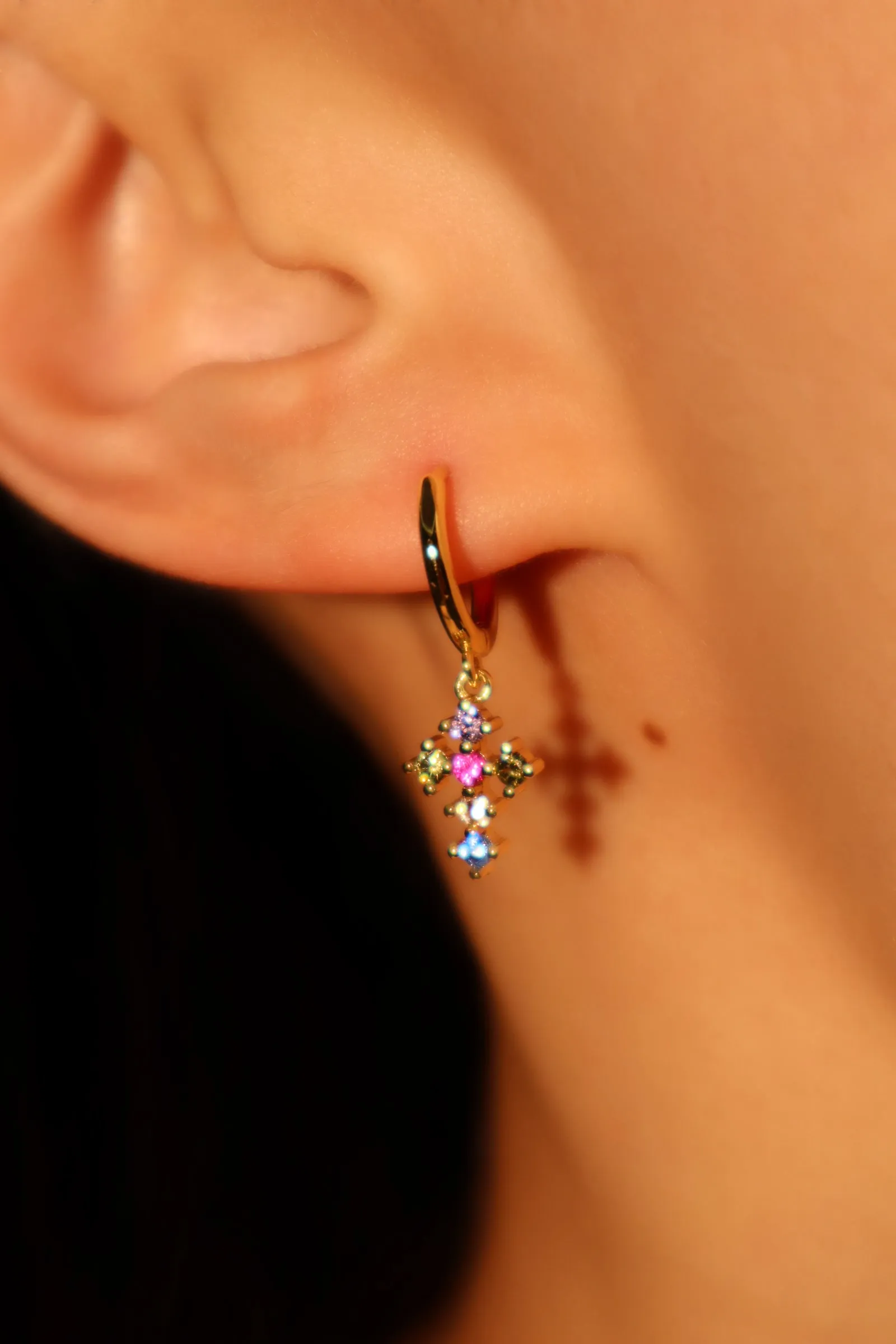 18K Real Gold Plated Color Gem Cross Earrings