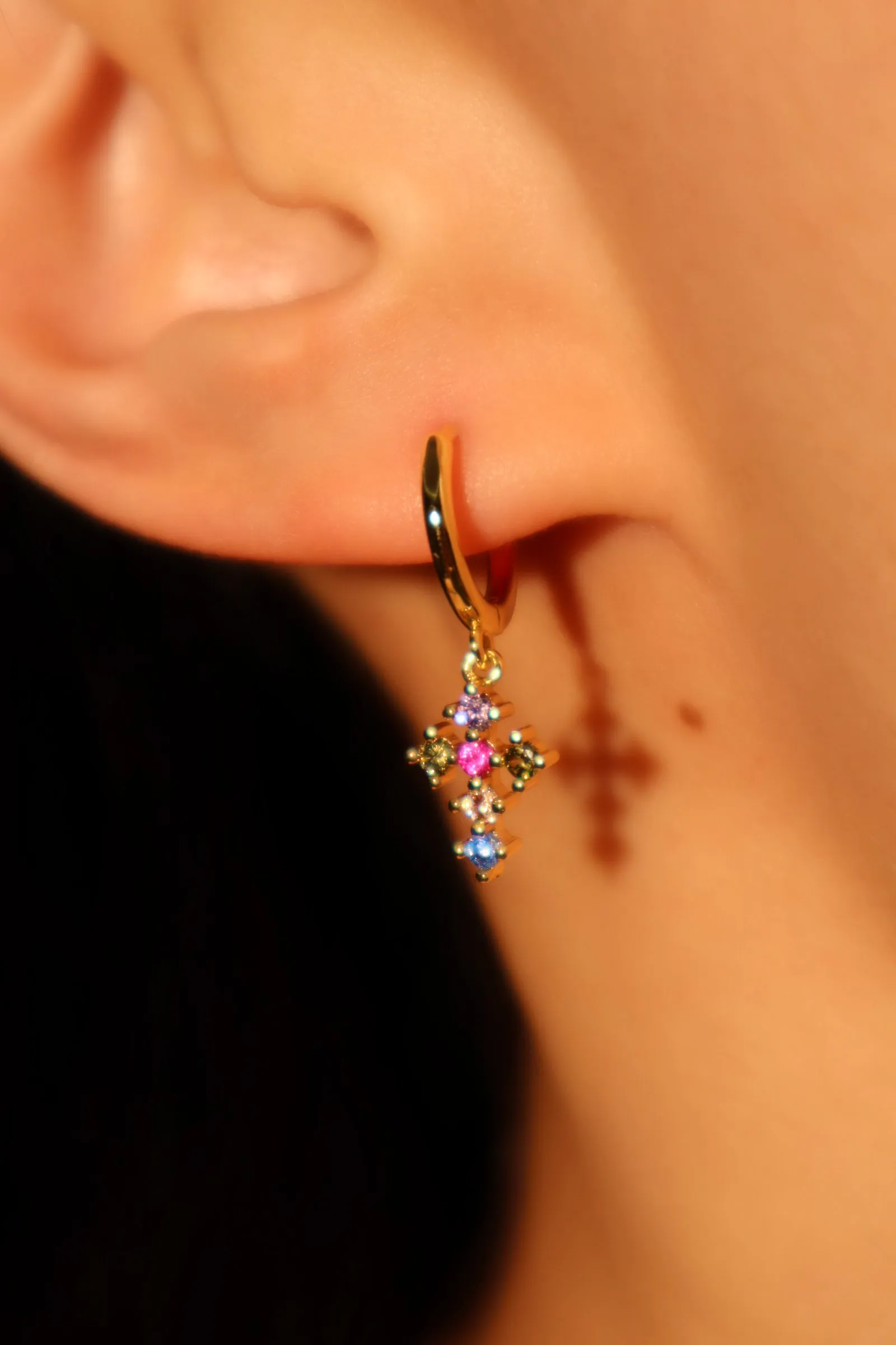 18K Real Gold Plated Color Gem Cross Earrings