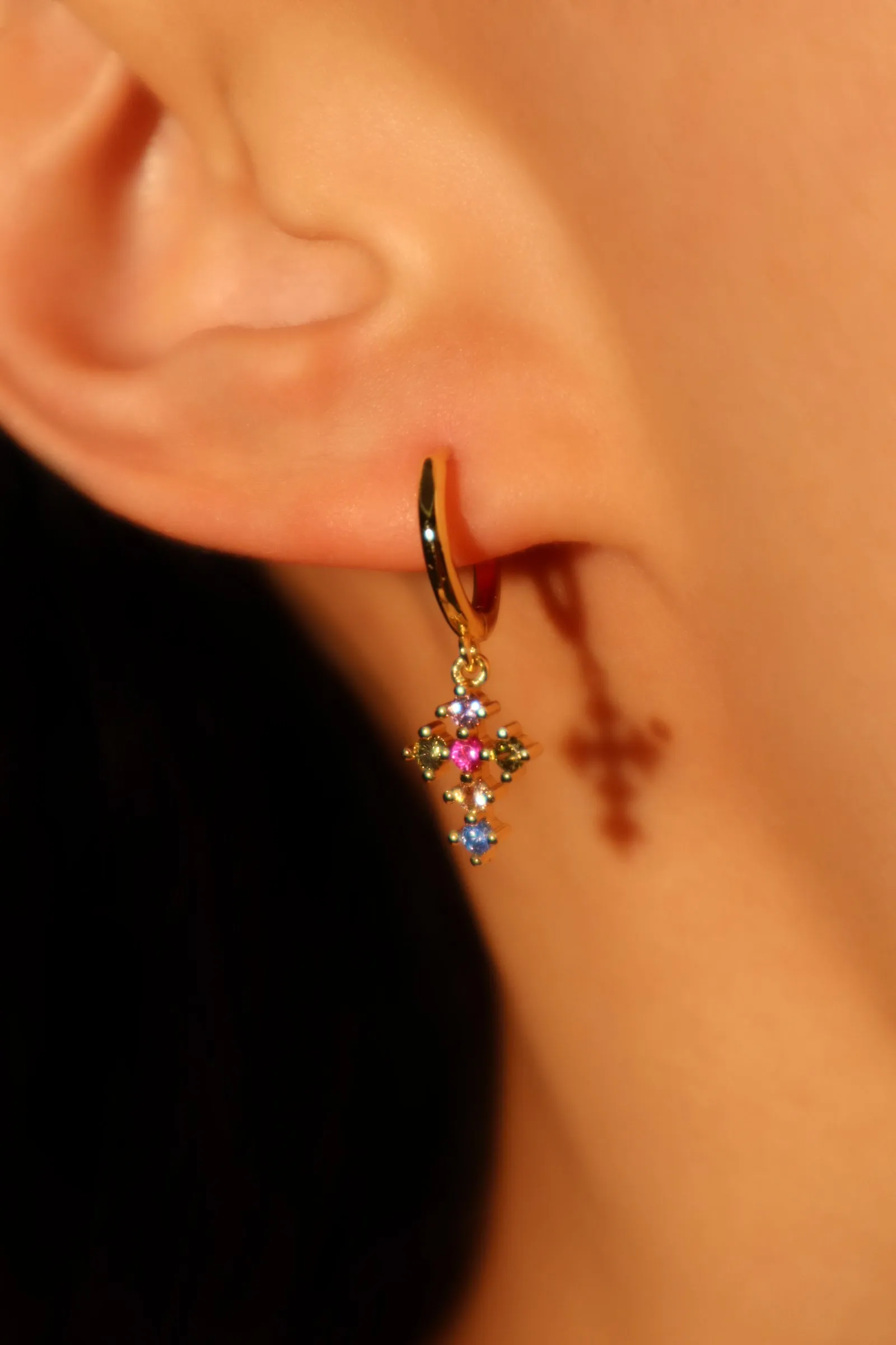 18K Real Gold Plated Color Gem Cross Earrings