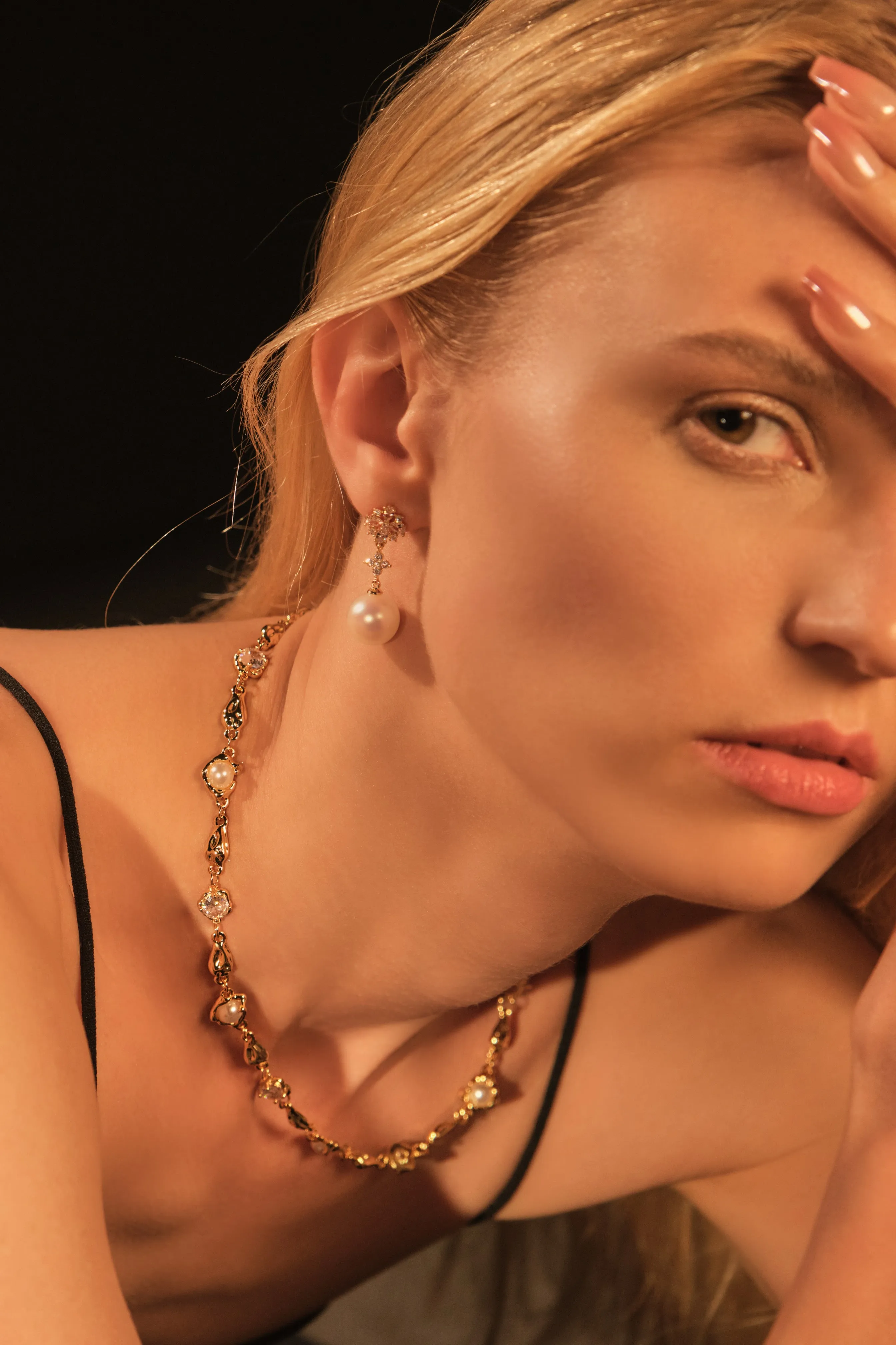 18K Real Gold Plated Diamond Flake Pearls Earrings