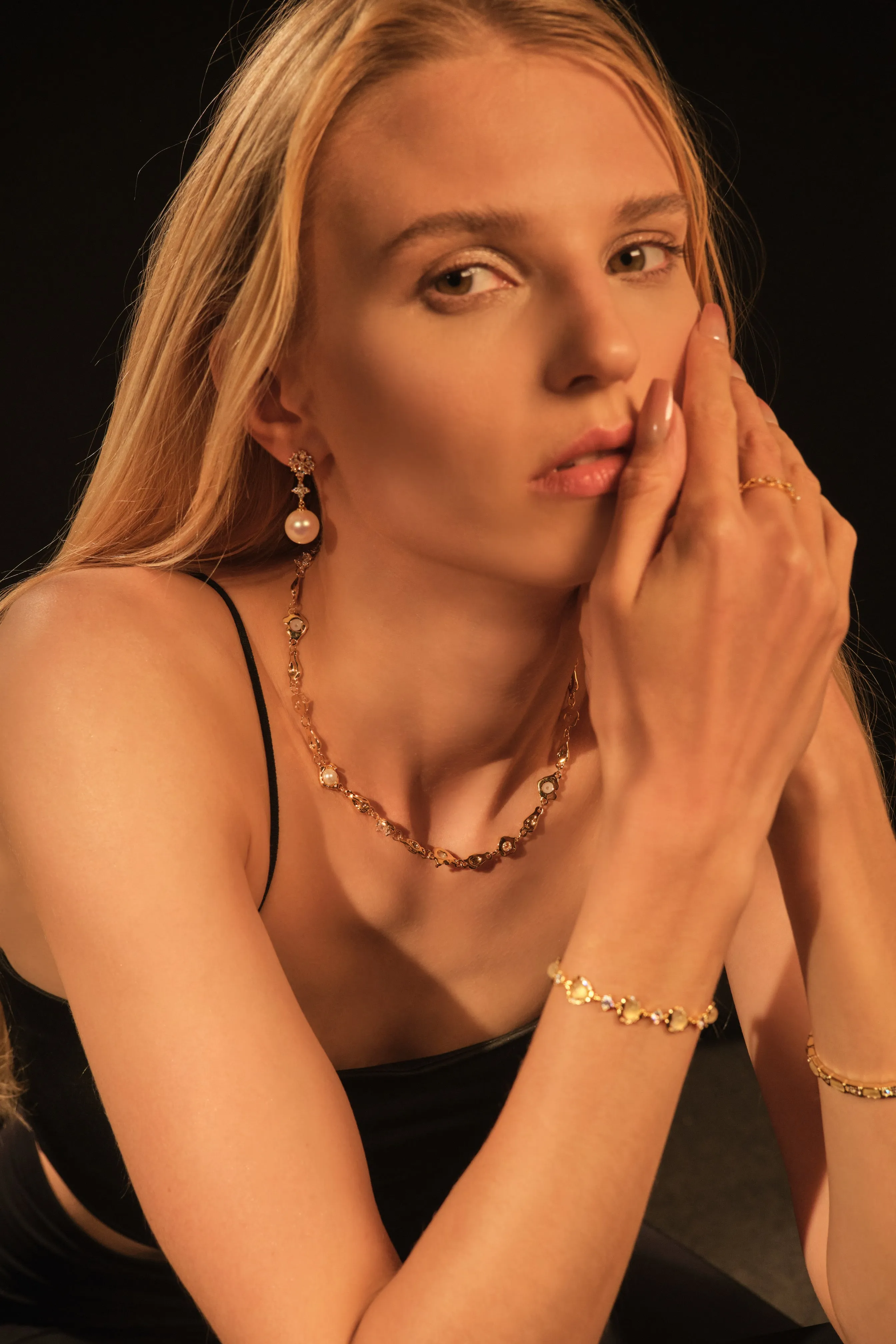 18K Real Gold Plated Diamond Flake Pearls Earrings