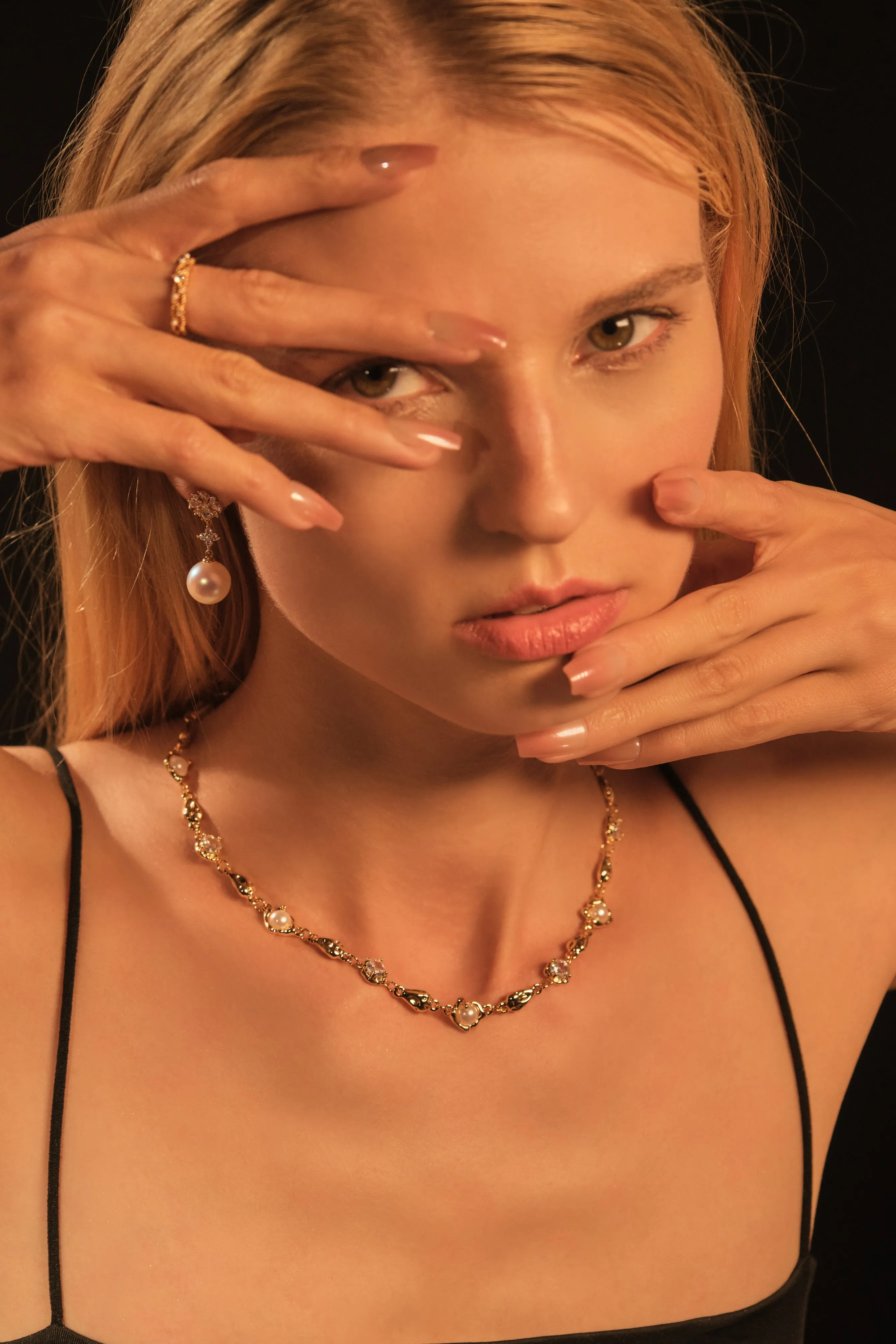 18K Real Gold Plated Diamond Flake Pearls Earrings