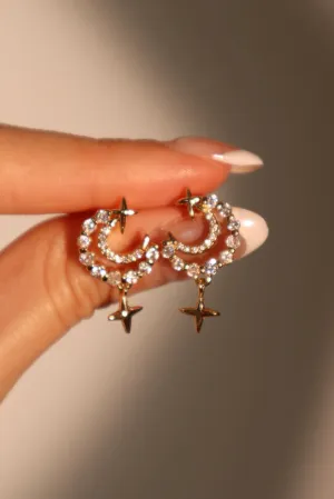 18K Real Gold Plated Diamonds Moon Star Earrings