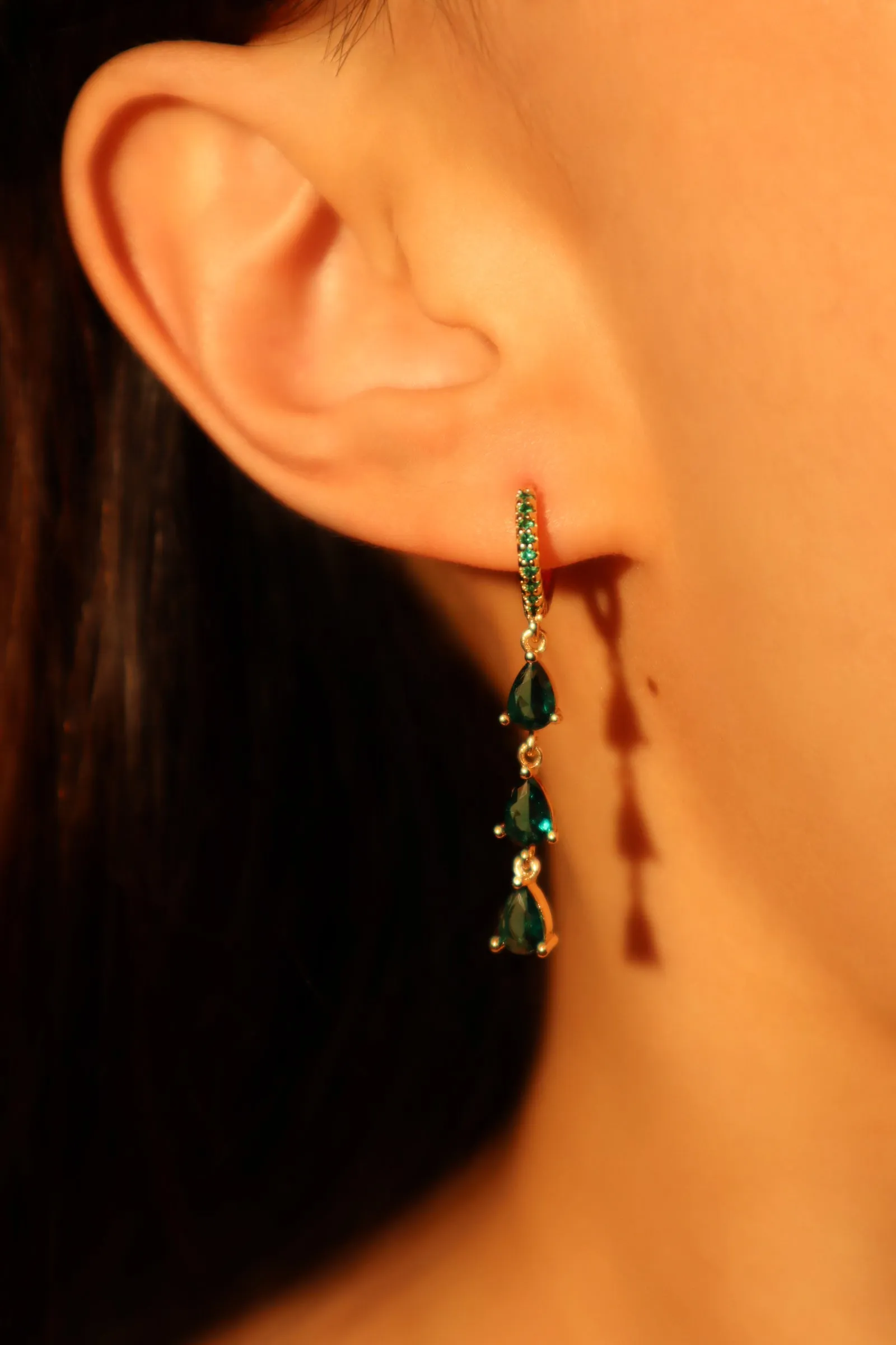 18K Real Gold Plated Green Gem Water Drop Earrings