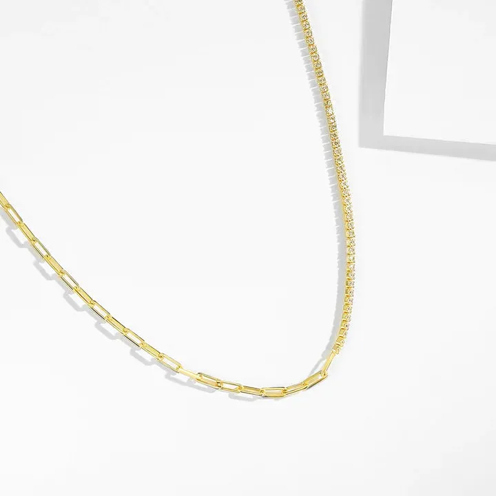 18k/925 Vermeil Half Paperclip Half Cubic Zirconia Necklace