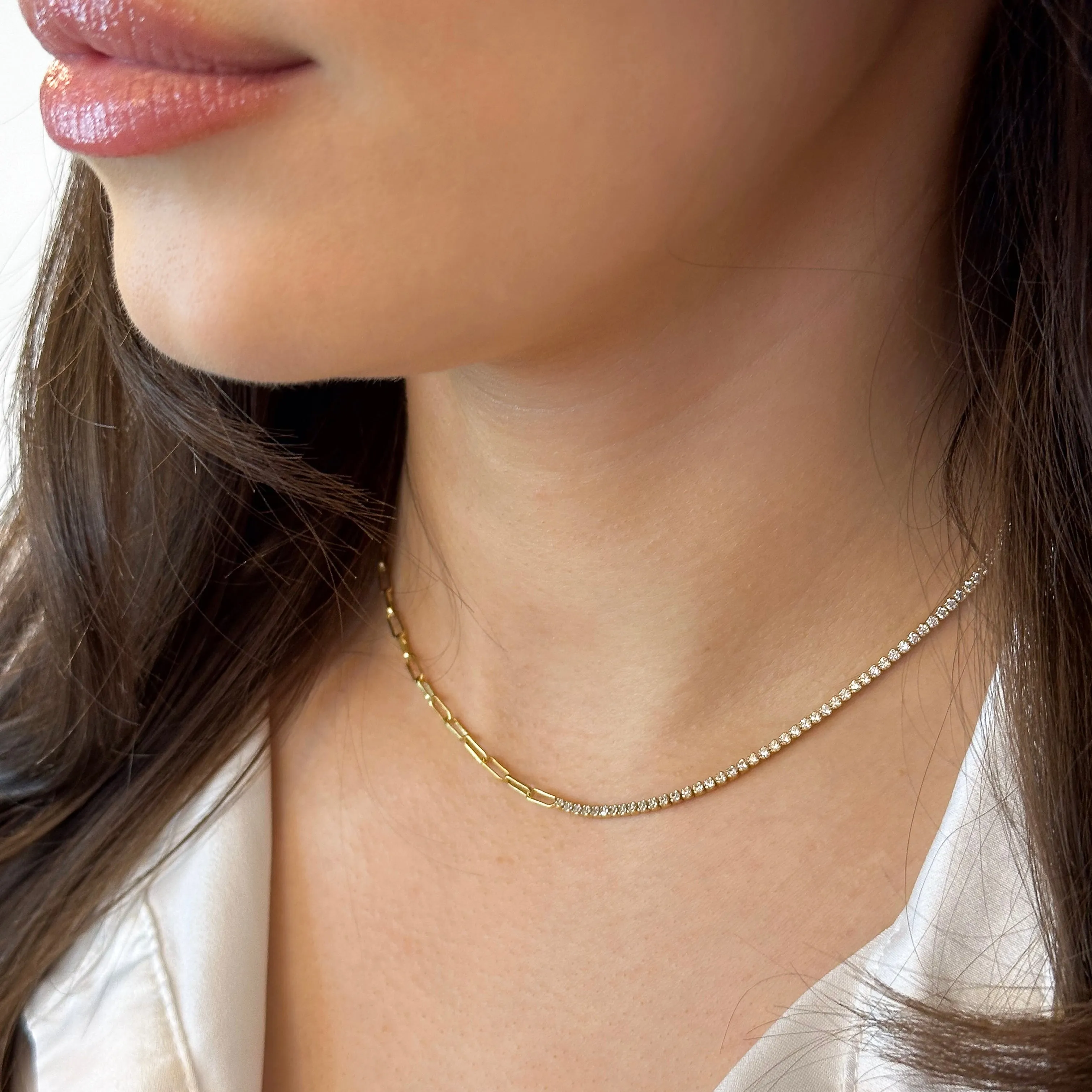 18k/925 Vermeil Half Paperclip Half Cubic Zirconia Necklace