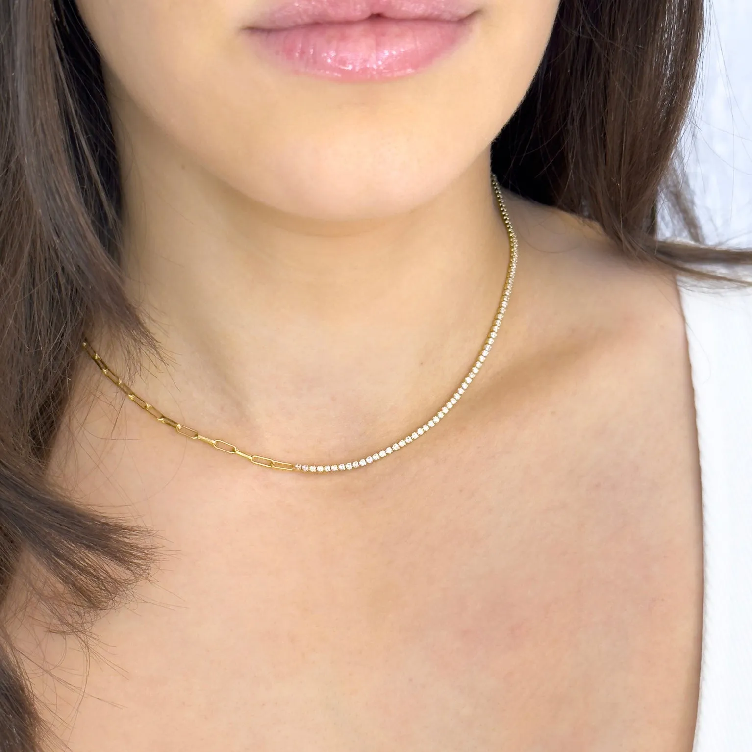 18k/925 Vermeil Half Paperclip Half Cubic Zirconia Necklace