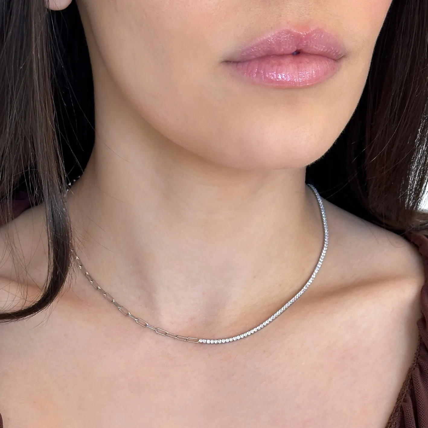 18k/925 Vermeil Half Paperclip Half Cubic Zirconia Necklace