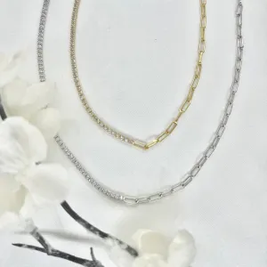 18k/925 Vermeil Half Paperclip Half Cubic Zirconia Necklace
