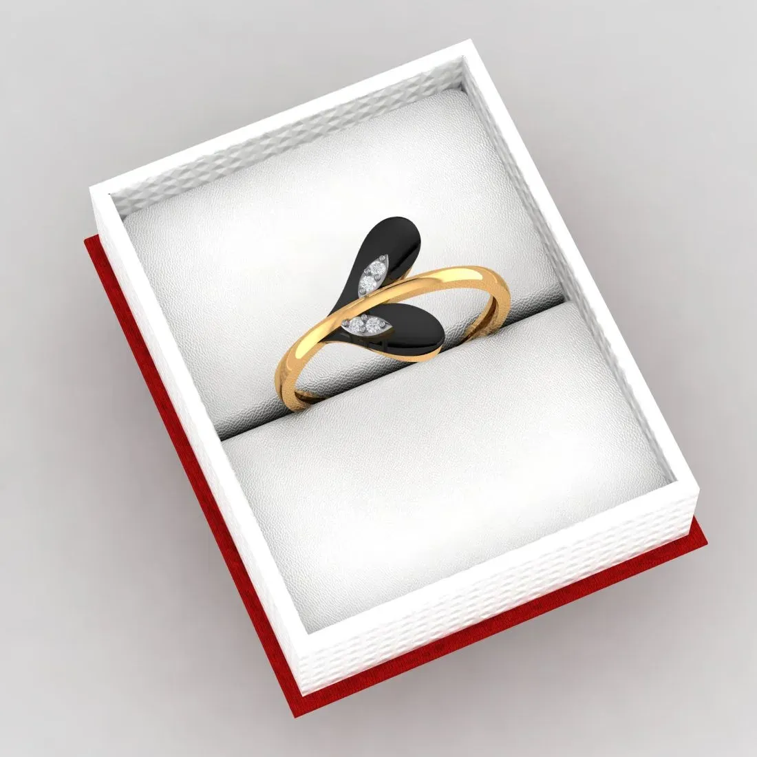 22K Gold Ring With Leafy Heart Black Inlay And Embedded Stone Detailing (Size 12)