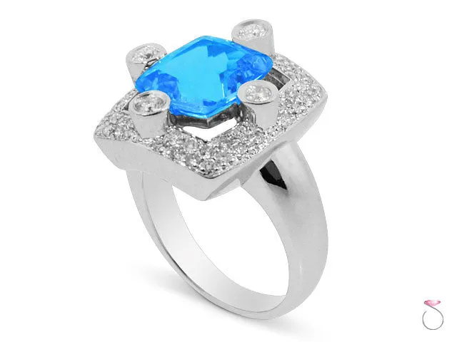 5ct Blue Topaz Square Halo Diamond Ring in 14K