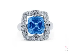 5ct Blue Topaz Square Halo Diamond Ring in 14K