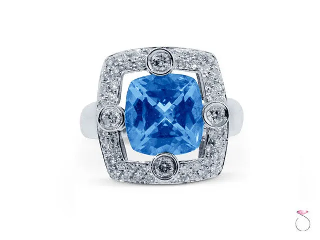 5ct Blue Topaz Square Halo Diamond Ring in 14K