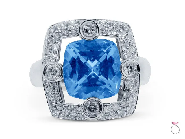 5ct Blue Topaz Square Halo Diamond Ring in 14K