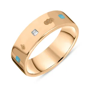 9ct Rose Gold Turquoise 0.18ct Diamond Queen's Jubilee Hallmark Princess Cut 6mm Ring D